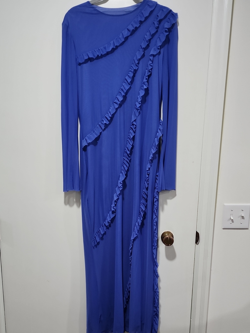 Blue Ruffled Long-Sleeve Maxi Dress